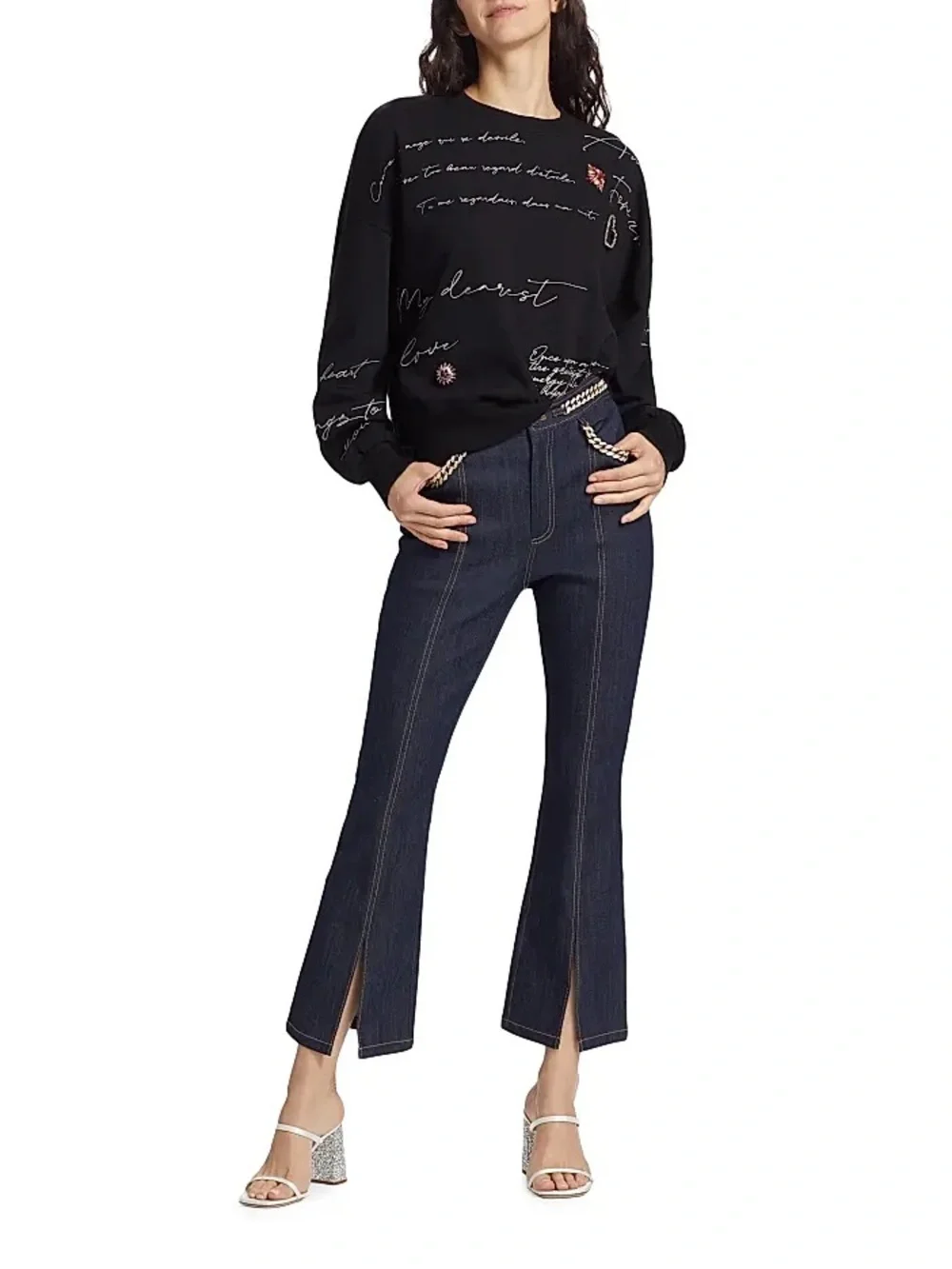 Cinq à Sept Embellished Sweatshirt Mon Amour Brandy Women’s S Black Crew Cotton.